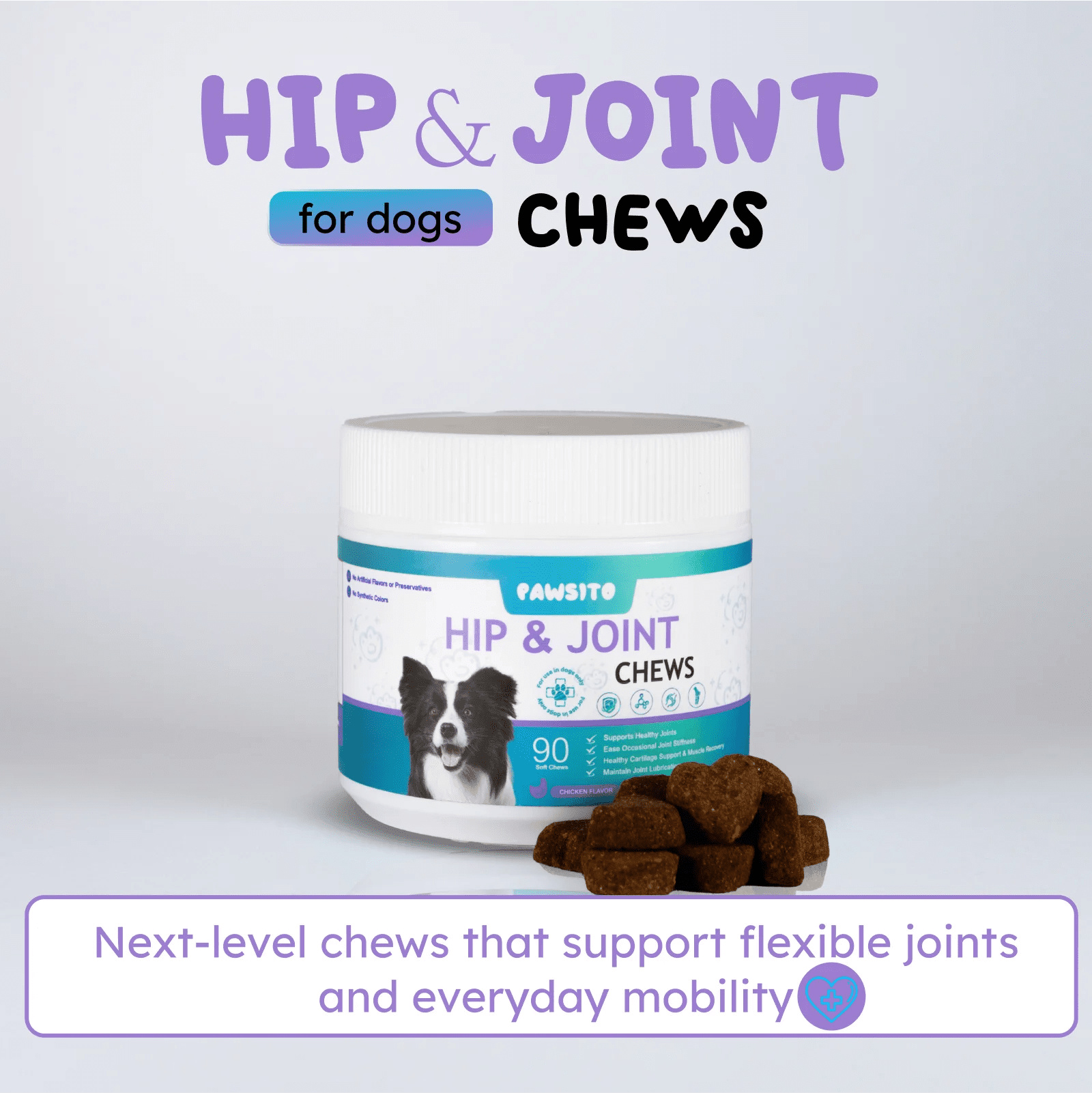 Hip and joint support for dogs and cats supplement bottle